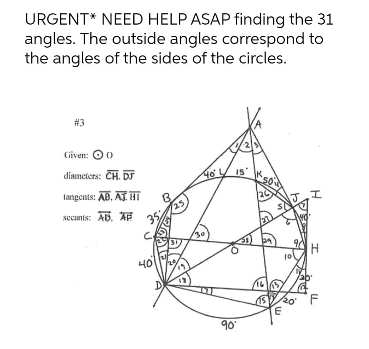 URGENT* NEED HELP ASAP finding the 31
angles. The outside angles correspond to
the angles of the sides of the circles.
#3
Given:
diameters: CH. DJ
40/ 15 K
langents: AB, AJ. HI
20
secants: AD. AE
25
30
40
10
1 20 F
90
エ
