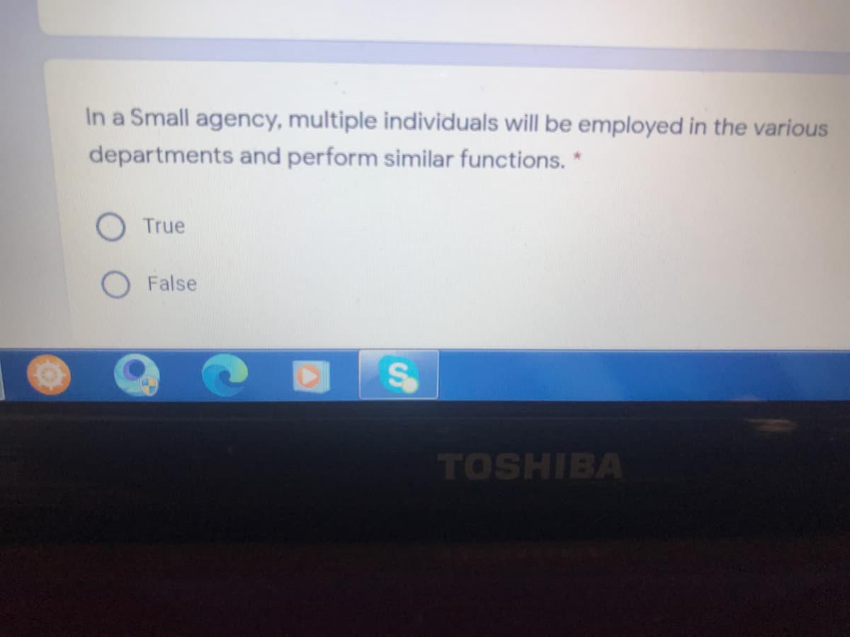 In a Small agency, multiple individuals will be employed in the various
departments and perform similar functions. *
True
False
TOSHIBA
