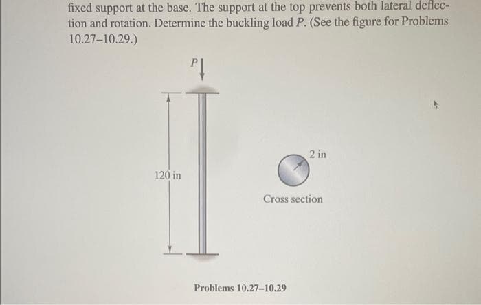 fixed support at the base. The support at the top prevents both lateral deflec-
tion and rotation. Determine the buckling load P. (See the figure for Problems
10.27-10.29.)
120 in
2 in
Cross section
Problems 10.27-10.29