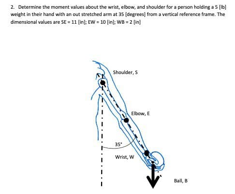 2. Determine the moment values about the wrist, elbow, and shoulder for a person holding a 5 [lb]
weight in their hand with an out stretched arm at 35 [degrees] from a vertical reference frame. The
dimensional values are SE= 11 [in]; EW = 10 [in]; WB = 2 [in]
Shoulder, S
35*
Elbow, E
Wrist, W
Ball, B