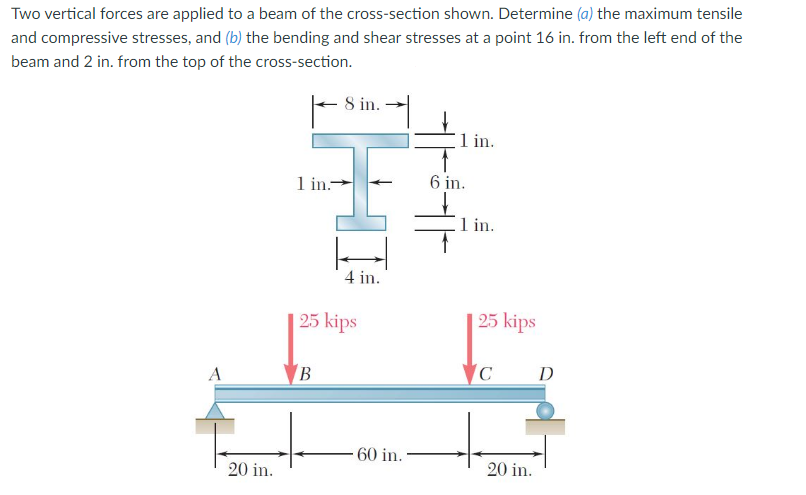 Two vertical forces are applied to a beam of the cross-section shown. Determine (a) the maximum tensile
and compressive stresses, and (b) the bending and shear stresses at a point 16 in. from the left end of the
beam and 2 in. from the top of the cross-section.
8 in.
1 in.
1 in.-
6 in.
1 in.
4 in.
| 25 kips
25 kips
B
D
60 in.
20 in.
20 in.
