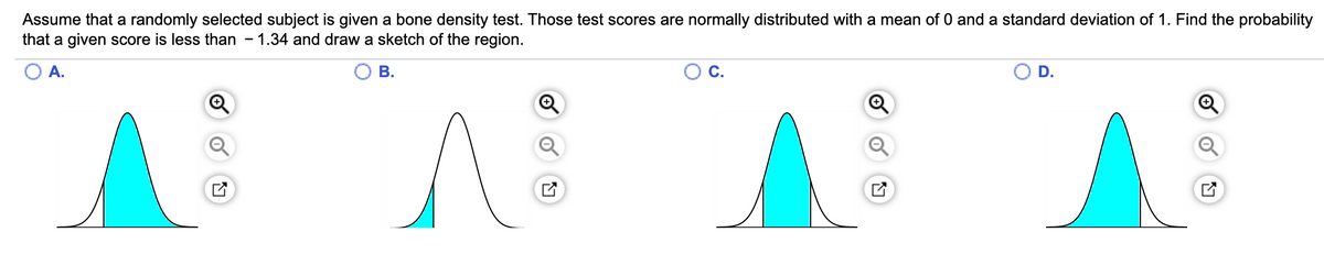 Assume that a randomly selected subject is given a bone density test. Those test scores are normally distributed with a mean of 0 and a standard deviation of 1. Find the probability
that a given score is less than - 1.34 and draw a sketch of the region.
A.
В.
C.
D.
