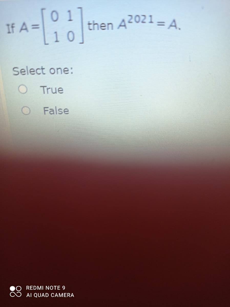 then A2021 = A.
10
If A =
Select one:
O True
False
REDMI NOTE 9
AI QUAD CAMERA
