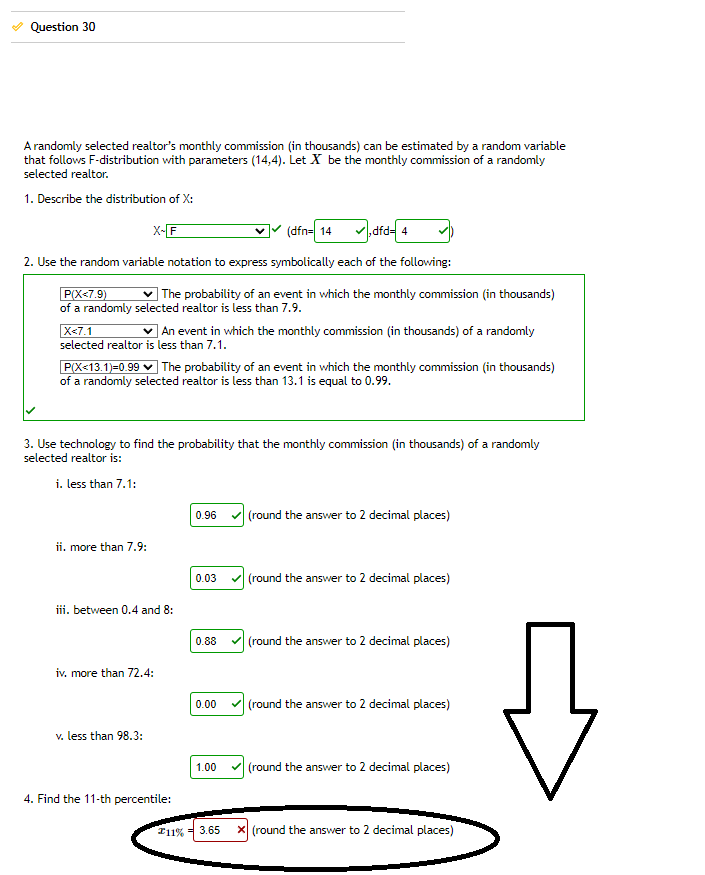 Question 30
A randomly selected realtor's monthly commission (in thousands) can be estimated by a random variable
that follows F-distribution with parameters (14,4). Let X be the monthly commission of a randomly
selected realtor.
1. Describe the distribution of X:
(dfn= 14
2. Use the random variable notation to express symbolically each of the following:
P(X<7.9)
The probability of an event in which the monthly commission (in thousands)
of a randomly selected realtor is less than 7.9.
X-F
X<7.1
An event in which the monthly commission (in thousands) of a randomly
selected realtor is less than 7.1.
P(X<13.1)=0.99 The probability of an event in which the monthly commission (in thousands)
of a randomly selected realtor is less than 13.1 is equal to 0.99.
ii. more than 7.9:
3. Use technology to find the probability that the monthly commission (in thousands) of a randomly
selected realtor is:
i. less than 7.1:
iii. between 0.4 and 8:
iv. more than 72.4:
v. less than 98.3:
4. Find the 11-th percentile:
#11%
,dfd-4
0.96 ✓(round the answer to 2 decimal places)
0.03 (round the answer to 2 decimal places)
0.88
0.00
1.00
(round the answer to 2 decimal places)
(round the answer to 2 decimal places)
(round the answer to 2 decimal places)
3.65 x (round the answer to 2 decimal places)