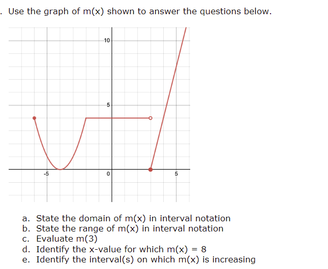 . Use the graph of m(x) shown to answer the questions below.
-5
10-
сл
0
5
a. State the domain of m(x) in interval notation
b. State the range of m(x) in interval notation
c. Evaluate m(3)
d. Identify the x-value for which m(x) = 8
e. Identify the interval(s) on which m(x) is increasing