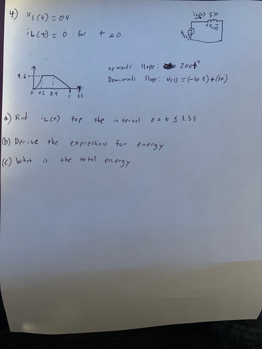 4) Us Ct) =OV
iLct) =0 for too
words Slope:
200t
up
9.6
Downwords Slope'. ves) =(-1o t)+(10)
6 0.2 0.4
1.5
a) Find
iL Ct) for the
in tervol
(b) Derive the
expressions for energy
() whot
the
to tol
is
energy
