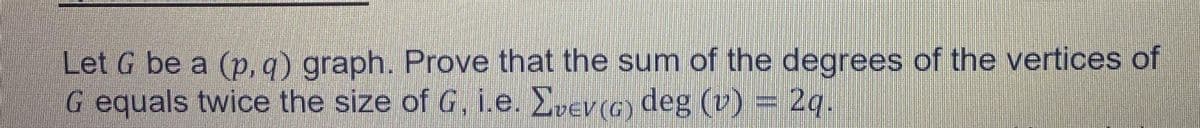 国 tt
Let G be a (p, q) graph. Prove that the sum of the degrees of the vertices of
G equals twice the size of G, i.e. Evev (C) deg (v) = 2q.
