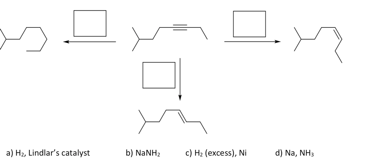 a) H₂, Lindlar's catalyst
b) NaNH2
c) H₂ (excess), Ni
d) Na, NH3