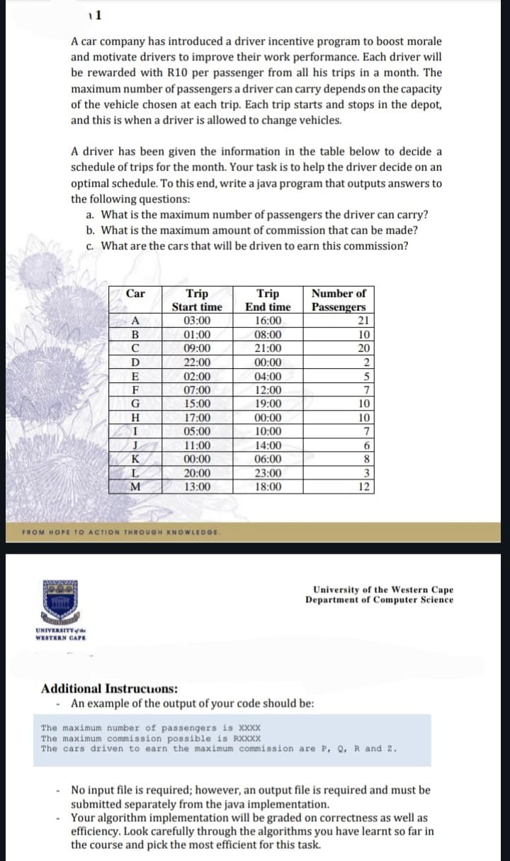 11
A car company has introduced a driver incentive program to boost morale
and motivate drivers to improve their work performance. Each driver will
be rewarded with R10 per passenger from all his trips in a month. The
maximum number of passengers a driver can carry depends on the capacity
of the vehicle chosen at each trip. Each trip starts and stops in the depot,
and this is when a driver is allowed to change vehicles.
A driver has been given the information in the table below to decide a
schedule of trips for the month. Your task is to help the driver decide on an
optimal schedule. To this end, write a java program that outputs answers to
the following questions:
a. What is the maximum number of passengers the driver can carry?
b. What is the maximum amount of commission that can be made?
c. What are the cars that will be driven to earn this commission?
Car
Trip
Start time
Trip
End time
Number of
Passengers
A
03:00
16:00
21
B
01:00
08:00
10
C
09:00
21:00
20
Ꭰ
22:00
00:00
2
E
02:00
04:00
5
F
07:00
12:00
7
G
15:00
19:00
10
H
17:00
00:00
10
I
05:00
10:00
7
J
11:00
14:00
6
K
00:00
06:00
8
L
20:00
23:00
3
M
13:00
18:00
12
FROM HOPE TO ACTION THROUGH KNOWLEDGE.
UNIVERSITY of the
WESTERN CAPE
University of the Western Cape
Department of Computer Science
Additional Instructions:
An example of the output of your code should be:
The maximum number of passengers is XXXX
The maximum commission possible is RXXXX
The cars driven to earn the maximum commission are P, Q, R and 2.
No input file is required; however, an output file is required and must be
submitted separately from the java implementation.
Your algorithm implementation will be graded on correctness as well as
efficiency. Look carefully through the algorithms you have learnt so far in
the course and pick the most efficient for this task.