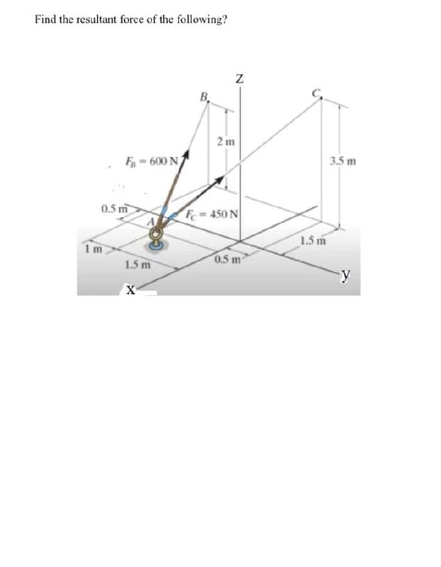 Find the resultant force of the following?
B,
2 m
3.5 m
F= 600 N
0.5 m
Fc 450 N
1.5 m
1m
05r
1.5 m
