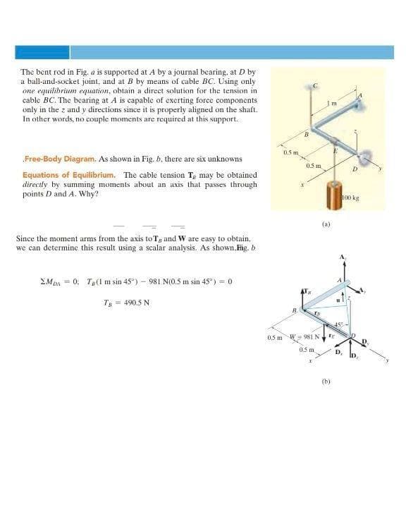 The bent rod in Fig, a is supported at A by a journal bearing, at D by
a ball-and-socket joint, and at B by means of cable BC. Using only
one eguitibrium equation, obtain a direct solution for the tension in
cable BC. The bearing at A is capable of exerting force components
only in the z and y directions since it is properly aligned on the shaft.
In other words, no couple moments are required at this support.
05 m
„Free-Body Diagram. As shown in Fig. b, there are six unknowns
05 m
D.
Equations of Equilibrium. The cable tension T, may be obtained
directly by summing moments about an axis that passes through
points D and A. Why?
00 kg
(a)
Since the moment arms from the axis to Tg and W are easy to obtain.
we can determine this result using a scalar analysis. As shown.Fig. b
EMPA = 0: T(1 m sin 45") – 981 N(0.5 m sin 45") = 0
T= 490.5 N
0.5 m
W = 981 N
05 m.
D,
(b)
