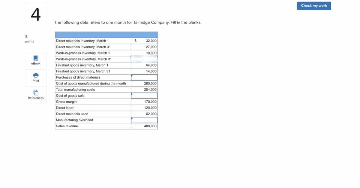 Check my work
4
The following data refers to one month for Talmidge Company. Fill in the blanks.
3
points
Direct materials inventory, March 1
32,000
Direct materials inventory, March 31
27,000
Work-in-process inventory, March 1
10,000
Work-in-process inventory, March 31
еВook
Finished goods inventory, March 1
64,000
Finished goods inventory, March 31
14,000
Purchases of direct materials
Print
Cost of goods manufactured during the month
260,000
Total manufacturing costs
254,000
Cost of goods sold
References
Gross margin
170,000
Direct labor
120,000
Direct materials used
62,000
Manufacturing overhead
Sales revenue
480,000
