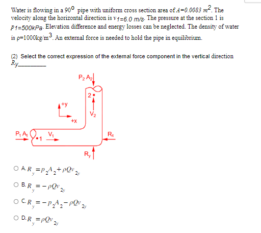 Water is flowing in a 90° pipe with uniform cross section area of A=0.0083 m². The
velocity along the horizontal direction is v1-6.0 m/s. The pressure at the section 1 is
P1=500kPa. Elevation difference and energy losses can be neglected. The density of water
is p=1000kg/m³. An external force is needed to hold the pipe in equilibrium.
(2) Select the correct expression of the external force component in the vertical direction
Ry
P₁A₁
•1
+X
P₂ A₂
OAR =P₂A₂+POV 21
OB.R=-PQ¹ 2
OCR = P₂A₂-POV 21
OD.R =PQ¹ 2
Rx