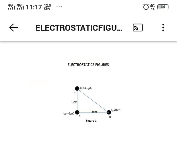 4G 4G 11:17 12.5
←
ELECTROSTATICFIGU...
ELECTROSTATICS FIGURES
9₁-4.5μC
3cm
q₁=-2μC
4cm.
Figure 1
qi=8aC
B
ש
4G₁ 44
...