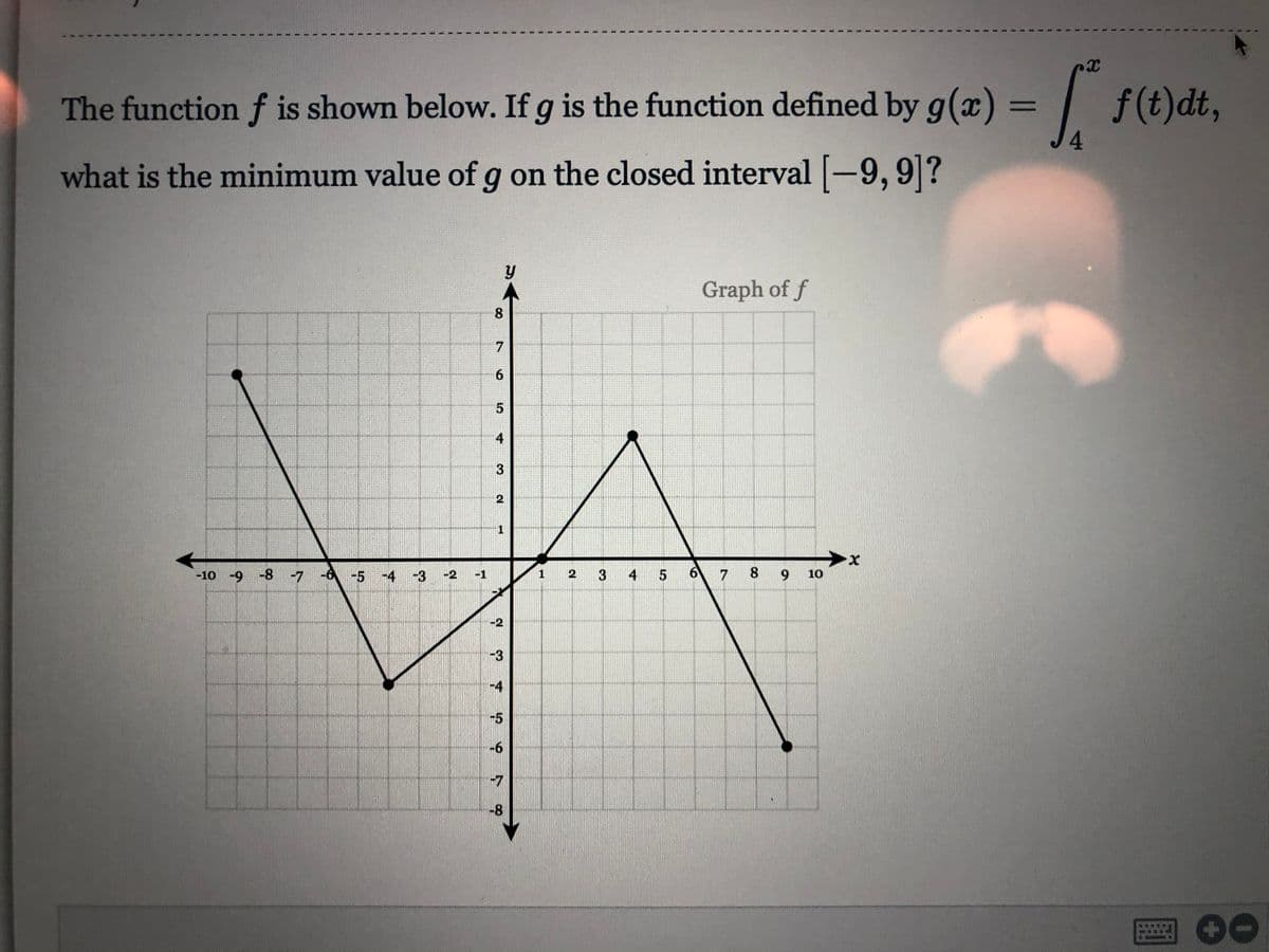 The function f is shown below. If g is the function defined by g(x) = | f(t)dt,
%3D
J4
what is the minimum value of g on the closed interval -9,9?
Graph of f
8.
7.
6.
4
2
1
-10 -9 -8-7 -6 -5 -4 -3 -2
1 2 3
4 5
6 7 8 9
10
-2
-3
-4
-5
-6
-7
-8
国00
3.
