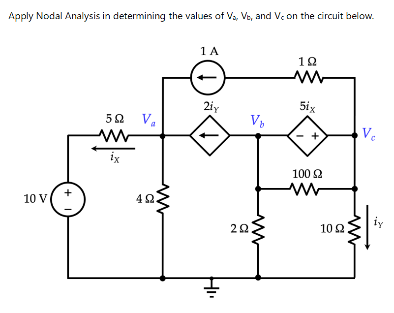 Apply Nodal Analysis in determining the values of Va, Vb, and Vc on the circuit below.
1 A
12
2iy
5ix
5Ω
Va
V
Ve
ix
100 2
10 V
4Ω.
2Ω.
10 Ω
+ I
