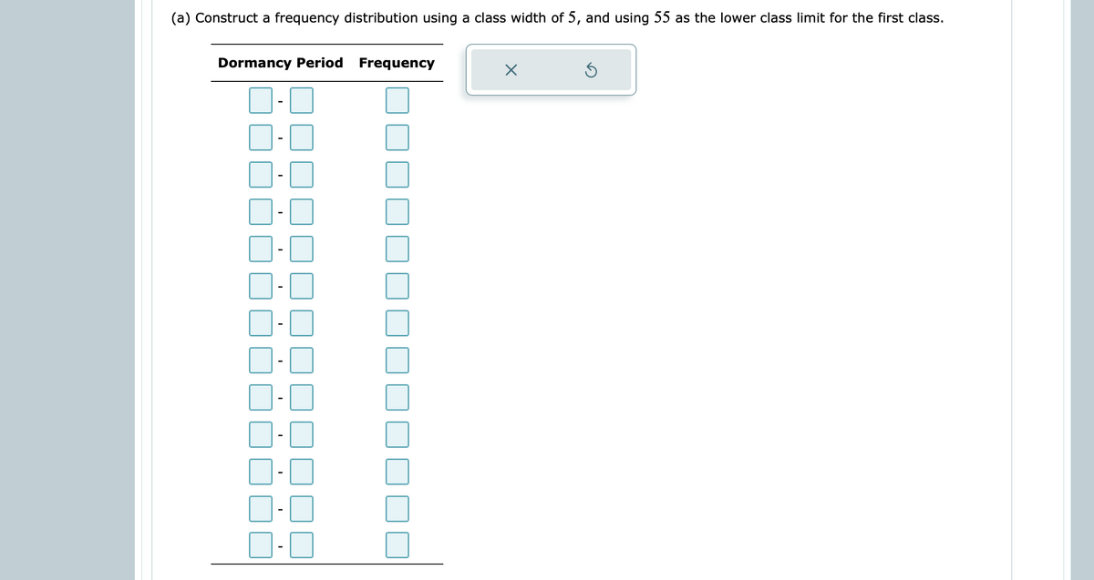 (a) Construct a frequency distribution using a class width of 5, and using 55 as the lower class limit for the first class.
Dormancy Period Frequency
1
'
'
'
1
'
1
00
×
Ś