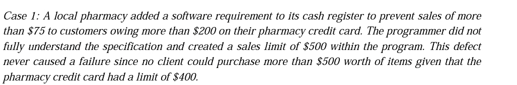 Case 1: A local pharmacy added a software requirement to its cash register to prevent sales of more
than $75 to customers owing more than $200 on their pharmacy credit card. The programmer did not
fully understand the specification and created a sales limit of $500 within the program. This defect
never caused a failure since no client could purchase more than $500 worth of items given that the
pharmacy credit card had a limit of $400.
