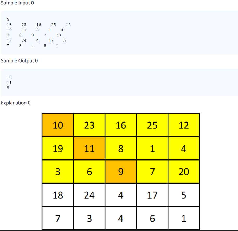 Sample Input 0
10
23
16
25
12
19
11
8
1
4
3
6
7
20
18
24
4
17
5
7
3
4
6 1
Sample Output 0
10
11
Explanation 0
10
23
16
25
12
19
11
8
4
3
9
7
18
24
4
17
5
4 6
7
3
1
20
9,
