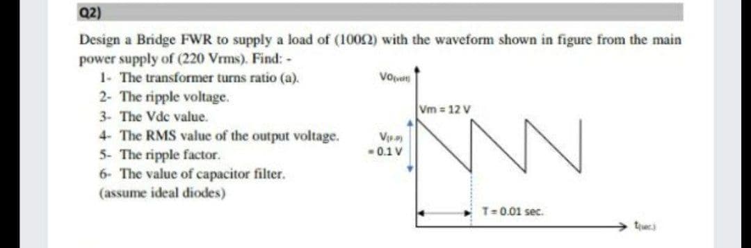 Q2)
Design a Bridge FWR to supply a load of (1002) with the waveform shown in figure from the main
power supply of (220 Vrms). Find: -
1- The transformer turns ratio (a).
2- The ripple voltage.
Vm 12 V
3- The Vdc value.
4- The RMS value of the output voltage.
5- The ripple factor.
6- The value of capacitor filter.
(assume ideal diodes)
NN
-0.1 V
T=0.01 sec.
tjec)
