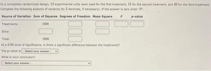 In a completely randomized design, 12 experimental units were used for the first treatment, 15 for the second treatment, and 20 for the third treatment.
Complete the following analysis of variance (to 2 decimals, if necessary). If the answer is zero enter "0".
Source of Variation Sum of Squares
Degrees of Freedom Mean Square F
p-value
Treatments
1000
bu
Total
1800
At a 0.05 level of significance, is there a significant difference between the treatments?
The p-value is Select your answer.
What is your conclusion?
Select your answer-
Error