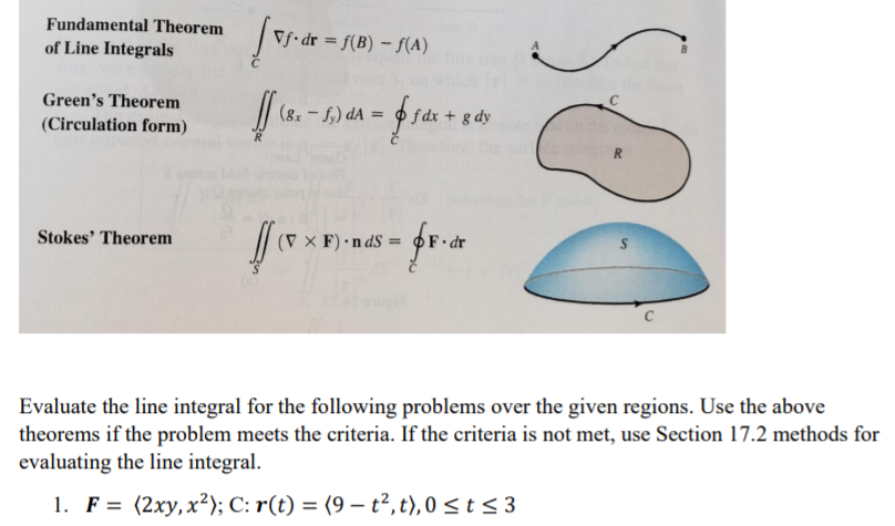 Fundamental Theorem
Vf• år = f(B) – f(A)
of Line Integrals
Green's Theorem
(8x - f,) dA =
f dx + g dy
(Circulation form)
Stokes' Theorem
(V X F) • n dS =
Evaluate the line integral for the following problems over the given regions. Use the above
theorems if the problem meets the criteria. If the criteria is not met, use Section 17.2 methods for
evaluating the line integral.
1. F = (2xy,x²); C: r(t) = (9 – t², t), 0 < t < 3
%3D
