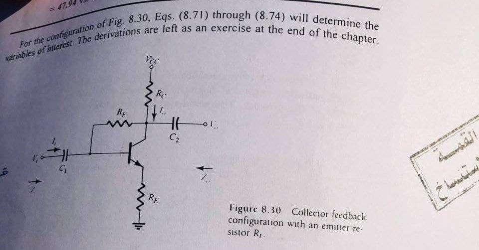 = 47.94
Re
C2
RF
Figure 8.30 Collector feedback
configuration with an emitter re-
sistor Rp.
