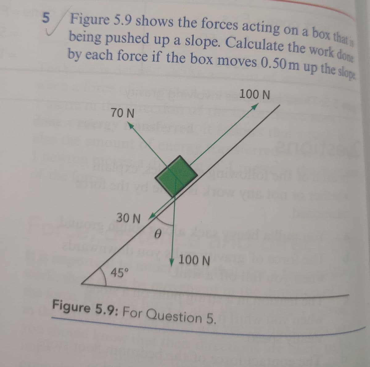 Figure 5.9 shows the forces acting on a box that is
being pushed up a slope. Calculate the work done
by each force if the box moves 0.50 m up the slope
100 N
70 N
30 N
100 N
45°
Figure 5.9: For Question 5.
5
