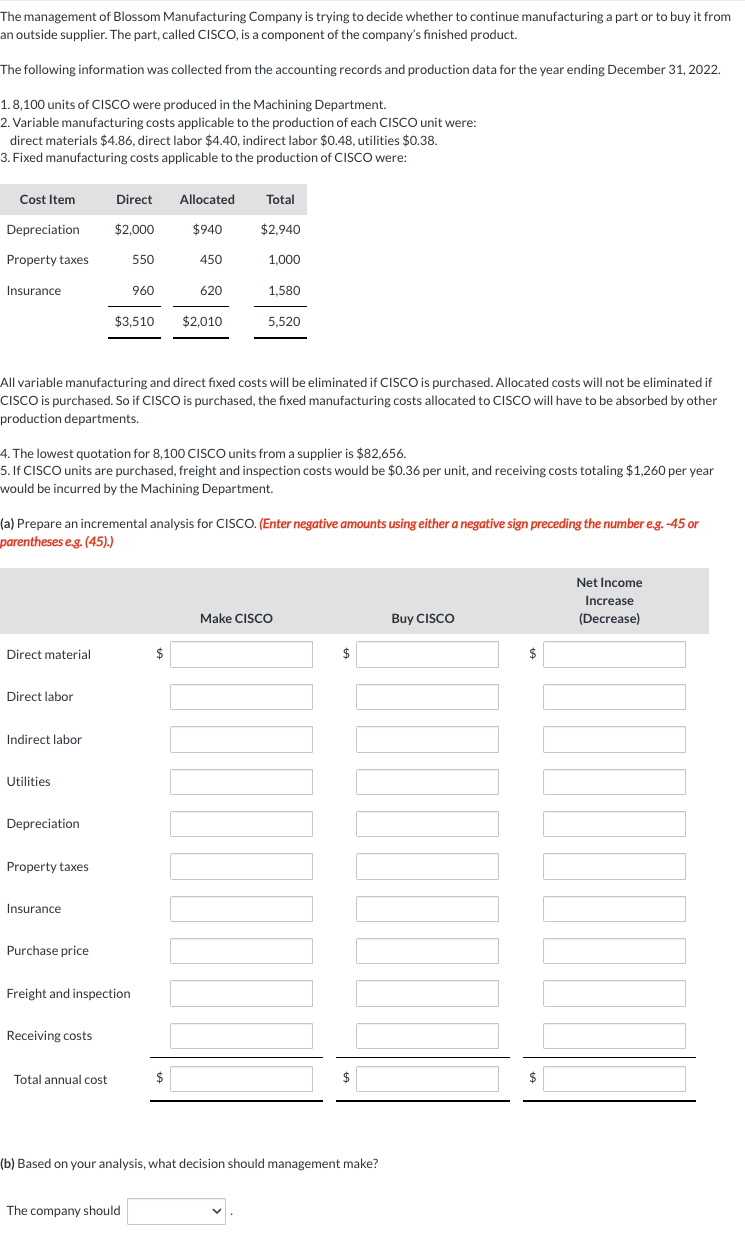 The management of Blossom Manufacturing Company is trying to decide whether to continue manufacturing a part or to buy it from
an outside supplier. The part, called CISCO, is a component of the company's finished product.
The following information was collected from the accounting records and production data for the year ending December 31, 2022.
1.8,100 units of CISCO were produced in the Machining Department.
2. Variable manufacturing costs applicable to the production of each CISCO unit were:
direct materials $4.86, direct labor $4.40, indirect labor $0.48, utilities $0.38.
3. Fixed manufacturing costs applicable to the production of CISCO were:
Cost Item
Depreciation
Property taxes
Insurance
Direct material
Direct labor
Indirect labor
Utilities
Depreciation
Property taxes
Insurance
Direct Allocated
$2,000
$940
All variable manufacturing and direct fixed costs will be eliminated if CISCO is purchased. Allocated costs will not be eliminated if
CISCO is purchased. So if CISCO is purchased, the fixed manufacturing costs allocated to CISCO will have to be absorbed by other
production departments.
Purchase price
4. The lowest quotation for 8,100 CISCO units from a supplier is $82,656.
5. If CISCO units are purchased, freight and inspection costs would be $0.36 per unit, and receiving costs totaling $1,260 per year
would be incurred by the Machining Department.
(a) Prepare an incremental analysis for CISCO. (Enter negative amounts using either a negative sign preceding the number e.g. -45 or
parentheses e.g. (45).)
Receiving costs
550
Freight and inspection
Total annual cost
960
$3,510 $2,010
450
620
The company should.
Total
$2,940
$
1,000
1,580
5,520
Make CISCO
$
(b) Based on your analysis, what decision should management make?
Buy CISCO
$
Net Income
Increase
(Decrease)