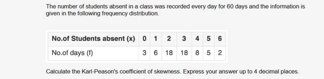 The number of students absent in a class was recorded every day for 60 days and the information is
given in the following frequency distribution.
No.of Students absent (x) 01
No.of days (f)
2 3 4 5 6
3 6 18 18 8 5 2
Calculate the Karl-Peason's coefficient of skewness. Express your answer up to 4 decimal places.