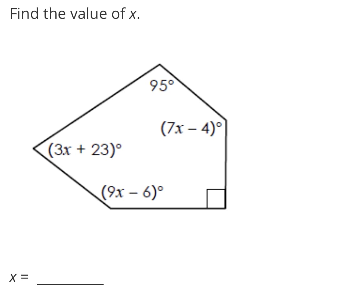 Find the value of x.
95°
(7х - 4)°
(3x + 23)°
(9х - 6)°
X =
