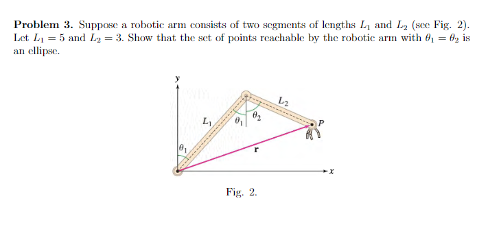 Problem 3. Suppose a robotic arm consists of two segments of lengths L1 and L2 (sce Fig. 2).
Let L1 = 5 and L2 = 3. Show that the set of points reachable by the robotic arm with 01 = 02 is
an cllipse.
L2
Fig. 2.
