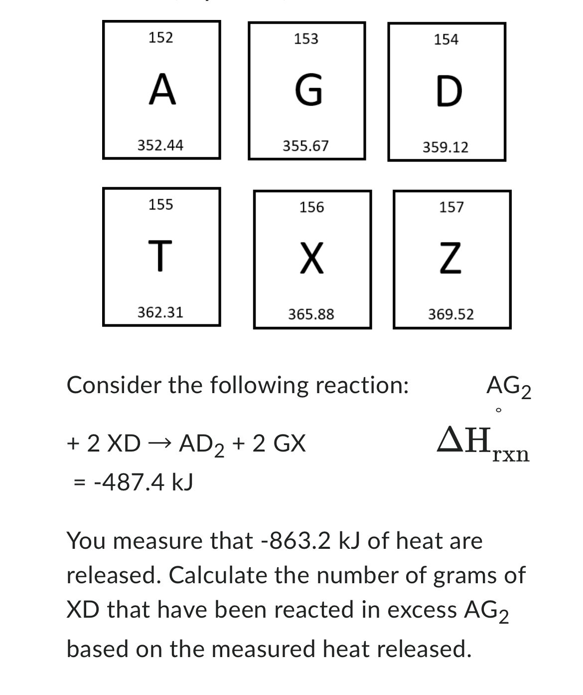 152
A
352.44
155
T
362.31
153
G
355.67
156
X
365.88
Consider the following reaction:
+ 2 XD → AD2 + 2 GX
= -487.4 kJ
154
D
359.12
157
Z
369.52
AG₂
ΔΗ
rxn
You measure that -863.2 kJ of heat are
released. Calculate the number of grams of
XD that have been reacted in excess AG2
based on the measured heat released.