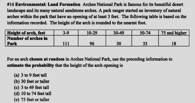 #16 Environmental: Land Formation

Arches National Park is famous for its beautiful desert landscape and its many natural sandstone arches. A park ranger started an inventory of natural arches within the park that have an opening of at least 3 feet. The following table is based on the information recorded. The height of the arch is rounded to the nearest foot.

| Height of arch, feet | 3-9 | 10-29 | 30-49 | 50-74 | 75 and higher |
|----------------------|-----|-------|-------|-------|--------------|
| Number of arches in Park | 111 | 96 | 30 | 33 | 18 |

For an arch chosen at random in Arches National Park, use the preceding information to estimate the probability that the height of the arch opening is:

(a) 3 to 9 feet tall  
(b) 30 feet or taller  
(c) 3 to 49 feet tall  
(d) 10 to 74 feet tall  
(e) 75 feet or taller  