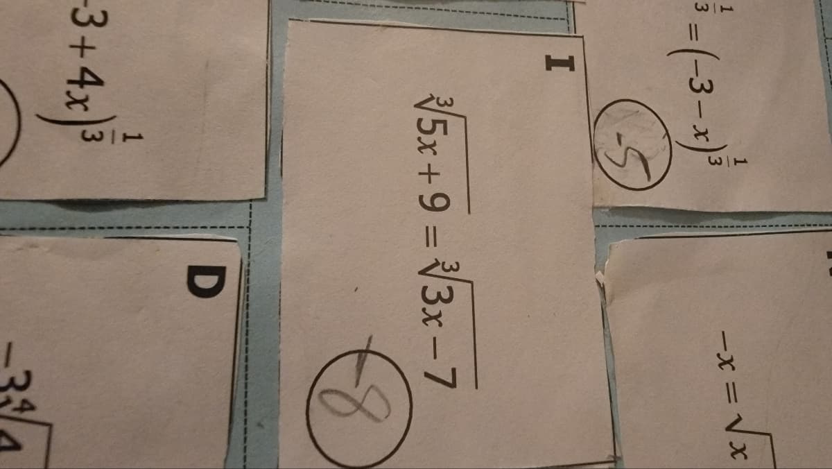 -x = Vx
(5)
5x + 9 = 3x-7
%3D
|
-3+4x
