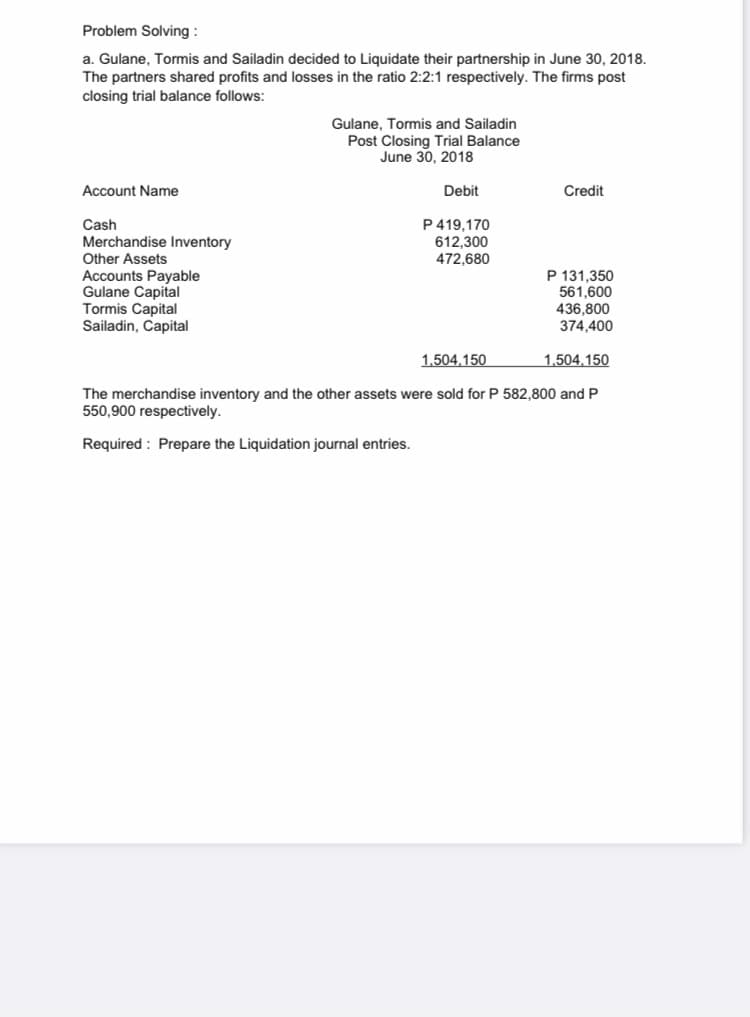 Problem Solving :
a. Gulane, Tormis and Sailadin decided to Liquidate their partnership in June 30, 2018.
The partners shared profits and losses in the ratio 2:2:1 respectively. The firms post
closing trial balance follows:
Gulane, Tormis and Sailadin
Post Closing Trial Balance
June 30, 2018
Account Name
Debit
Credit
P 419,170
Cash
Merchandise Inventory
Other Assets
Accounts Payable
Gulane Capital
Tormis Capital
Sailadin, Capital
612,300
472,680
P 131,350
561,600
436.800
374,400
1.504,150
1.504.150
The merchandise inventory and the other assets were sold for P 582,800 and P
550,900 respectively.
Required : Prepare the Liquidation journal entries.
