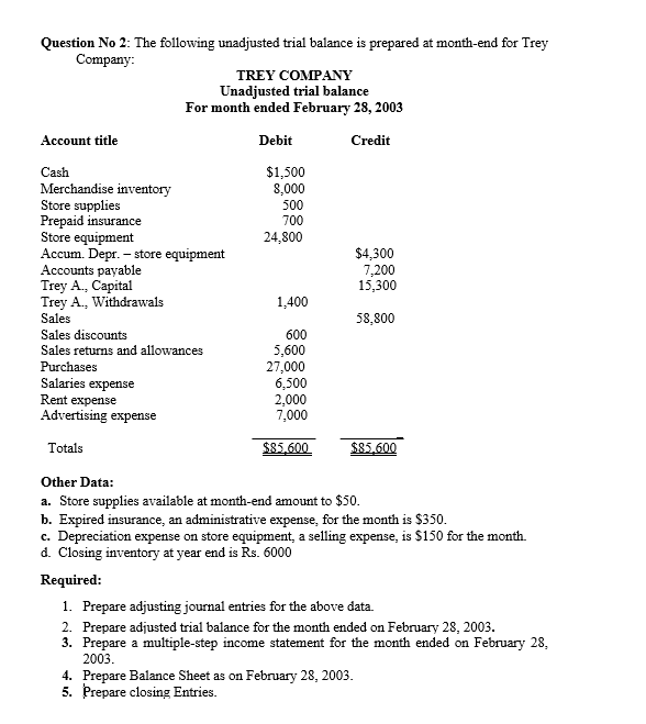 Question No 2: The following unadjusted trial balance is prepared at month-end for Trey
Company:
TREY COMPANY
Unadjusted trial balance
For month ended February 28, 2003
Account title
Debit
Credit
$1,500
8,000
Cash
Merchandise inventory
Store supplies
Prepaid insurance
Store equipment
Accum. Depr. – store equipment
Accounts payable
Trey A., Capital
Trey A., Withdrawals
Sales
500
700
24,800
$4,3
7,200
15,300
1,400
58,800
Sales discounts
600
Sales returns and allowances
5,600
27,000
6,500
2,000
7,000
Purchases
Salaries expense
Rent expense
Advertising expense
Totals
$85,600
$85,600
Other Data:
a. Store supplies available at month-end amount to $50.
b. Expired insurance, an administrative expense, for the month is $350.
c. Depreciation expense on store equipment, a selling expense, is $150 for the month.
d. Closing inventory at year end is Rs. 6000
Required:
1. Prepare adjusting journal entries for the above data.
2. Prepare adjusted trial balance for the month ended on February 28, 2003.
3. Prepare a multiple-step income statement for the month ended on February 28,
2003.
4. Prepare Balance Sheet as on February 28, 2003.
5. Prepare closing Entries.
