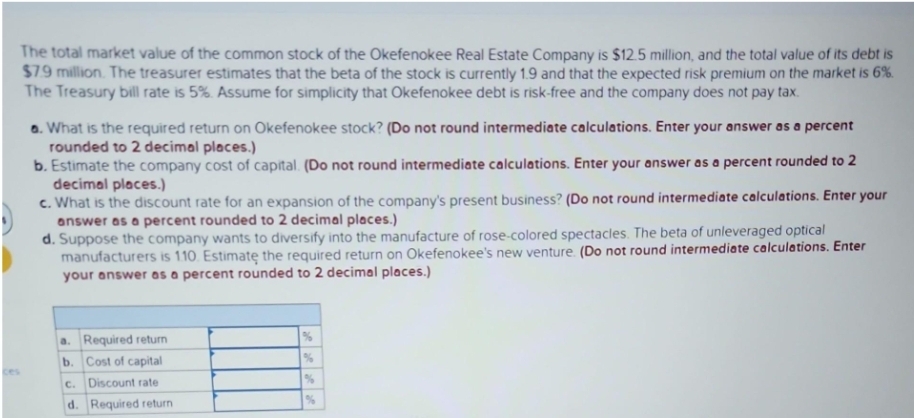 The total market value of the common stock of the Okefenokee Real Estate Company is $12.5 million, and the total value of its debt is
$7.9 million. The treasurer estimates that the beta of the stock is currently 1.9 and that the expected risk premium on the market is 6%.
The Treasury bill rate is 5%. Assume for simplicity that Okefenokee debt is risk-free and the company does not pay tax.
ces
a. What is the required return on Okefenokee stock? (Do not round intermediate calculations. Enter your answer as a percent
rounded to 2 decimal places.)
b. Estimate the company cost of capital. (Do not round intermediate calculations. Enter your answer as a percent rounded to 2
decimal places.)
c. What is the discount rate for an expansion of the company's present business? (Do not round intermediate calculations. Enter your
answer as a percent rounded to 2 decimal places.)
d. Suppose the company wants to diversify into the manufacture of rose-colored spectacles. The beta of unleveraged optical
manufacturers is 110. Estimate the required return on Okefenokee's new venture. (Do not round intermediate calculations. Enter
your answer as a percent rounded to 2 decimal places.)
a. Required return
b. Cost of capital
C.
Discount rate
d. Required return
%
%
%