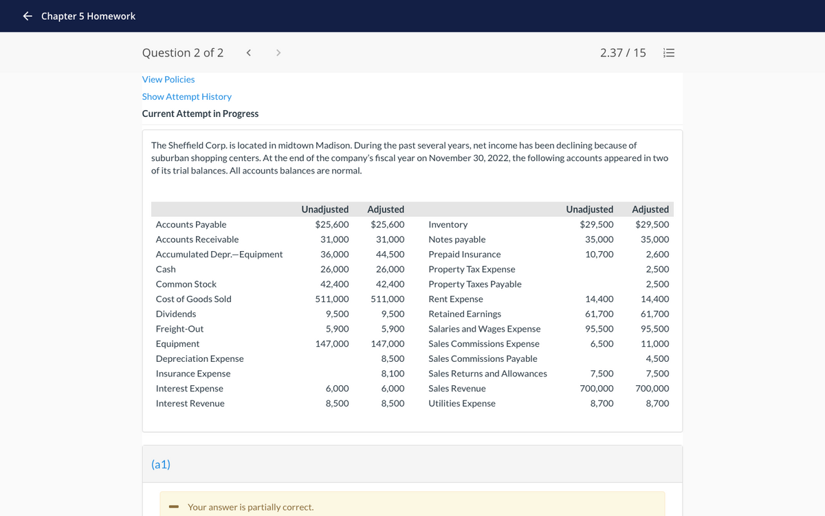 e Chapter 5 Homework
Question 2 of 2
2.37 / 15
View Policies
Show Attempt History
Current Attempt in Progress
The Sheffield Corp. is located in midtown Madison. During the past several years, net income has been declining because of
suburban shopping centers. At the end of the company's fiscal year on November 30, 2022, the following accounts appeared in two
of its trial balances. All accounts balances are normal.
Unadjusted
Adjusted
Unadjusted
Adjusted
Accounts Payable
$25,600
$25,600
Inventory
$29,500
$29,500
Accounts Receivable
31,000
31,000
Notes payable
35,000
35,000
Accumulated Depr.-Equipment
36,000
44,500
Prepaid Insurance
10,700
2,600
Cash
26,000
26,000
Property Tax Expense
2,500
Common Stock
42,400
42,400
Property Taxes Payable
2,500
Cost of Goods Sold
511,000
511,000
Rent Expense
14,400
14,400
Dividends
9,500
9,500
Retained Earnings
61,700
61,700
Freight-Out
5,900
5,900
Salaries and VWages Expense
95,500
95,500
Equipment
147,000
147,000
Sales Commissions Expense
6.500
11.000
Depreciation Expense
8,500
Sales Commissions Payable
4,500
Insurance Expense
8,100
Sales Returns and Allowances
7,500
7,500
Interest Expense
6,000
6,000
Sales Revenue
700,000
700,000
Interest Revenue
8,500
8,500
Utilities Expense
8,700
8,700
(a1)
Your answer is partially correct.
