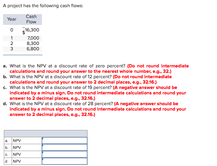 A project has the following cash flows:
Cash
Year
Flow
16,300
1
7,000
8,300
6,800
2
3
a. What is the NPV at a discount rate of zero percent? (Do not round intermediate
calculations and round your answer to the nearest whole number, e.g., 32.)
b. What is the NPV at a discount rate of 12 percent? (Do not round intermediate
calculations and round your answer to 2 decimal places, e.g., 32.16.)
c. What is the NPV at a discount rate of 19 percent? (A negative answer should be
indicated by a minus sign. Do not round intermediate calculations and round your
answer to 2 decimal places, e.g., 32.16.)
d. What is the NPV at a discount rate of 28 percent? (A negative answer should be
indicated by a minus sign. Do not round intermediate calculations and round your
answer to 2 decimal places, e.g., 32.16.)
а.
NPV
b. NPV
C.
NPV
NPV
