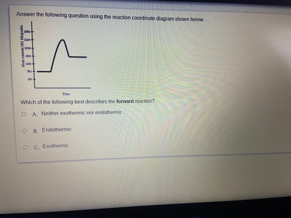 Answer the following question using the reaction coordinate diagram shown below.
280+
240+
200
160
120-
80
40
Time
Which of the following best describes the forward reaction?
A. Neither exothermic nor endothermic
B. Endothermic
C. Exothermic
Heat content (H) kilojoules
