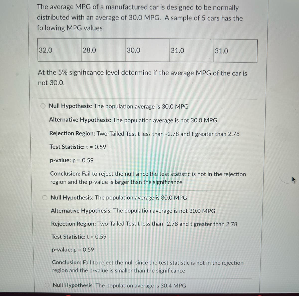 The average MPG of a manufactured car is designed to be normally
distributed with an average of 30.0 MPG. A sample of 5 cars has the
following MPG values
32.0
28.0
30.0
31.0
31.0
At the 5% significance level determine if the average MPG of the car is
not 30.0.
Null Hypothesis: The population average is 30.0 MPG|
Alternative Hypothesis: The population average is not 30.0 MPG
Rejection Region: Two-Tailed Test t less than -2.78 and t greater than 2.78
Test Statistic: t = 0.59
p-value: p = 0.59
Conclusion: Fail to reject the null since the test statistic is not in the rejection
region and the p-value is larger than the significance
Null Hypothesis: The population average is 30.0 MPG
Alternative Hypothesis: The population average is not 30.0 MPG
Rejection Region: Two-Tailed Test t less than -2.78 and t greater than 2.78
Test Statistic: t = 0.59
p-value: p = 0.59
Conclusion: Fail to reject the null since the test statistic is not in the rejection
region and the p-value is smaller than the significance
O Null Hypothesis: The population average is 30.4 MPG
