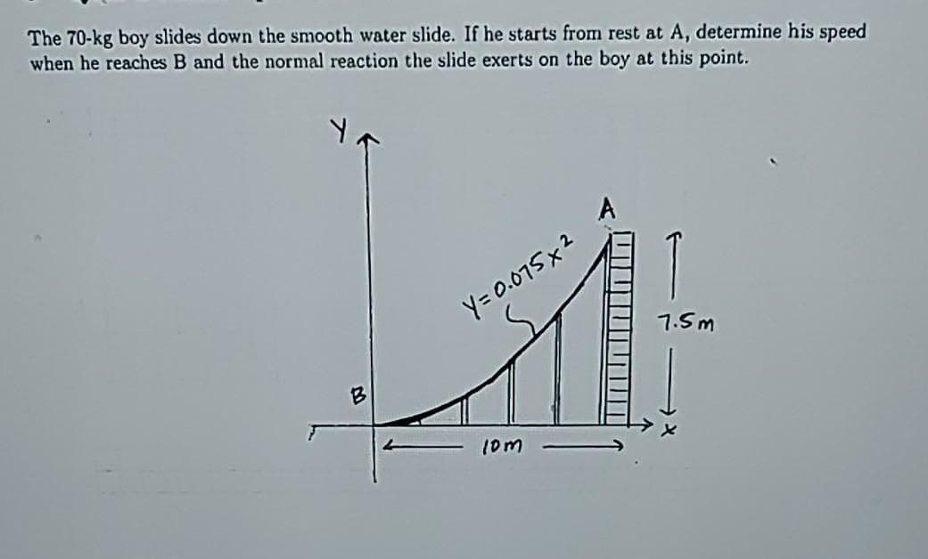 The 70-kg boy slides down the smooth water slide. If he starts from rest at A, determine his speed
when he reaches B and the normal reaction the slide exerts on the boy at this point.
Y= 0.075x2
7.5m
B
(0m
