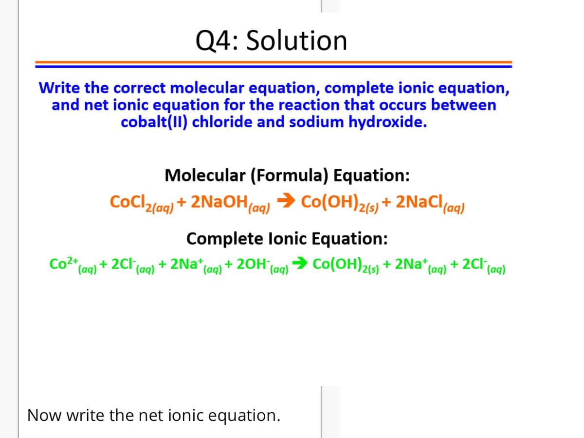 Q4: Solution
Write the correct molecular equation, complete ionic equation,
and net ionic equation for the reaction that occurs between
cobalt(II) chloride and sodium hydroxide.
Molecular (Formula) Equation:
CoCl(ag) + 2NAOH,
(aq)
→ Co(OH)2(6
)
+ 2NaCl(aq)
Complete lonic Equation:
Co2+,
* (aq) + 2Cl (ag) + 2Na*(ag) + 20H (ag)
Co(OH)219) + 2Na*
"(aq)
+ 2Cl,
(aq)
Now write the net ionic equation.
