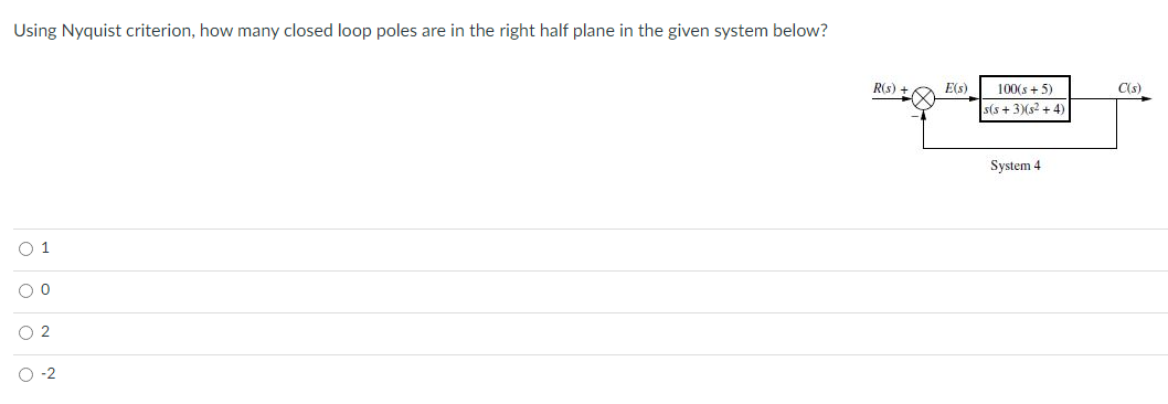 Using Nyquist criterion, how many closed loop poles are in the right half plane in the given system below?
R(s) -
E(s)
100(s + 5)
C(s)
s(s + 3)(s2 + 4)
System 4
O 1
O 2
O -2
