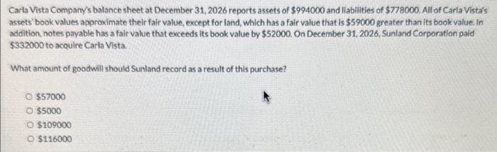 Carla Vista Company's balance sheet at December 31, 2026 reports assets of $994000 and liabilities of $778000. All of Carla Vista's
assets book values approximate their fair value, except for land, which has a fair value that is $59000 greater than its book value. In
addition, notes payable has a fair value that exceeds its book value by $52000. On December 31, 2026, Sunland Corporation paid
$332000 to acquire Carla Vista.
What amount of goodwill should Sunland record as a result of this purchase?
O $57000
O $5000
O $109000
O $116000