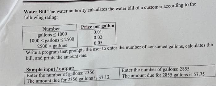 Water Bill The water authority calculates the water bill of a customer according to the
following rating:
Number
Price per gallon
gallons ≤ 1000
0.01
1000 gallons ≤ 2500
<
0.02
2500 gallons
0.05
Write a program that prompts the user to enter the number of consumed gallons, calculates the
bill, and prints the amount due.
Sample input/output:
Enter the number of gallons: 2356
Enter the number of gallons: 2855
The amount due for 2356 gallons is 37.12
The amount due for 2855 gallons is 57.75