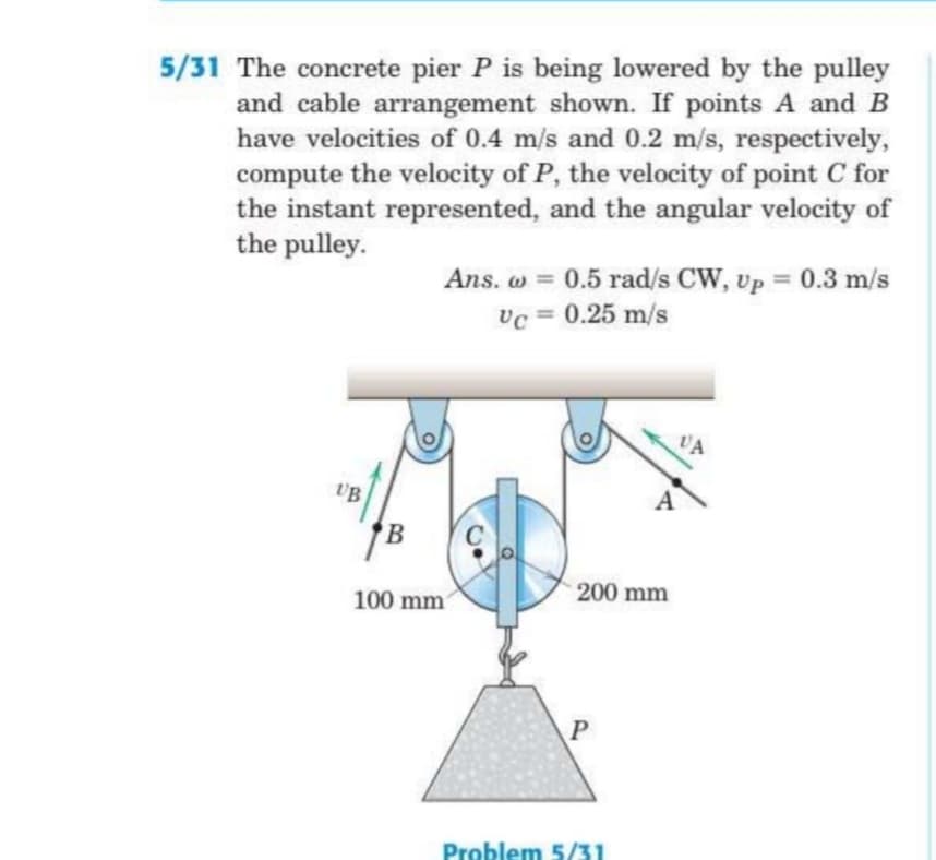 5/31 The concrete pier P is being lowered by the pulley
and cable arrangement shown. If points A and B
have velocities of 0.4 m/s and 0.2 m/s, respectively,
compute the velocity of P, the velocity of point C for
the instant represented, and the angular velocity of
the pulley.
Ans. w = 0.5 rad/s CW, Up = 0.3 m/s
vc = 0.25 m/s
%3D
%3D
VA
UB
200 mm
100 mm
Problem 5/31
