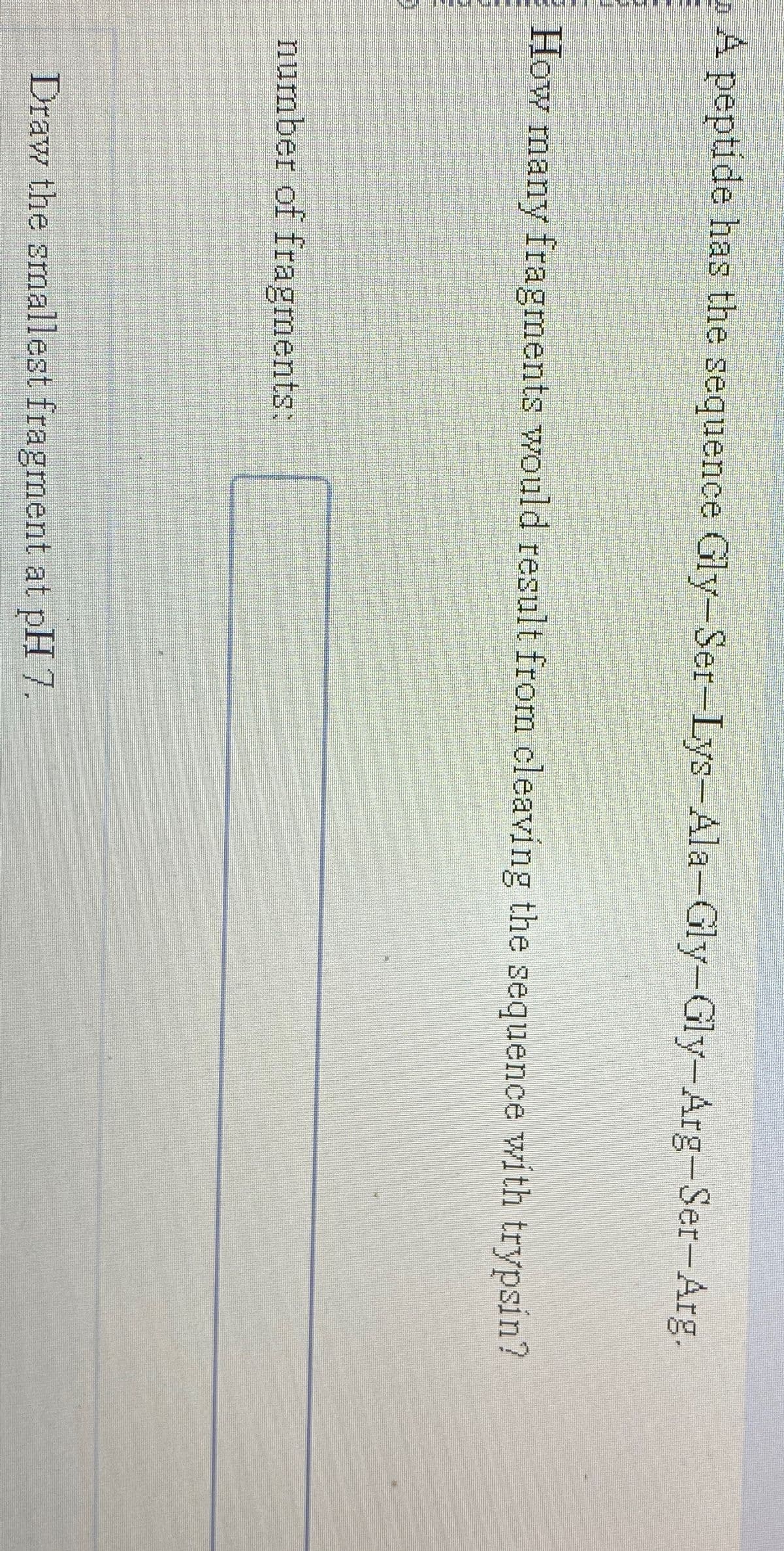 D A peptide has the sequence Gly-Ser-Lys-Ala-Gly-Gly-Arg-Ser-Arg.
How many fragments would result from cleaving the sequence with trypsin?
number of fragments:
Draw the smallest fragment at pH 7.