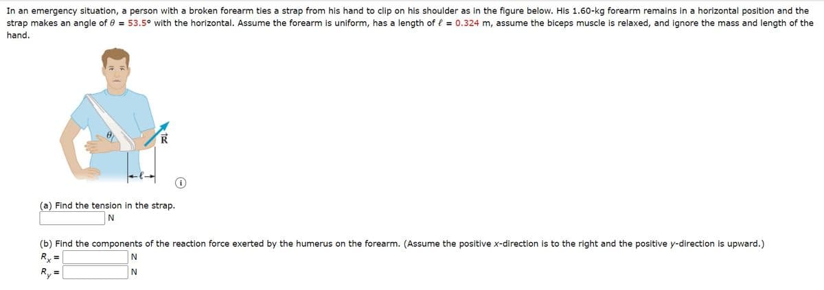 In an emergency situation, a person with a broken forearm ties a strap from his hand to clip on his shoulder as in the figure below. His 1.60-kg forearm remains in a horizontal position and the
strap makes an angle of 0 = 53.5° with the horizontal. Assume the forearm is uniform, has a length of e = 0.324 m, assume the biceps muscle is relaxed, and ignore the mass and length of the
hand.
R
(a) Find the tension in the strap.
(b) Find the components of the reaction force exerted by the humerus on the forearm. (Assume the positive x-direction is to the right and the positive y-direction is upward.)
Ry =
N
R, =
N
